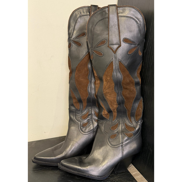 NEW ZARA BLACK BROWN LEATHER SUEDE COWBOY BOOTS SZ 39 8 8.5 - Picture 10 of 16